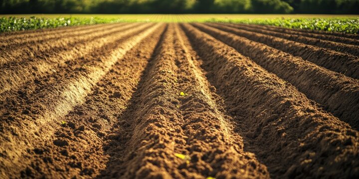 Close up photography showcasing a meticulously prepared potato field, where aligned seedbeds stretch into the distance, highlighting the beauty of potato cultivation and farming practices.