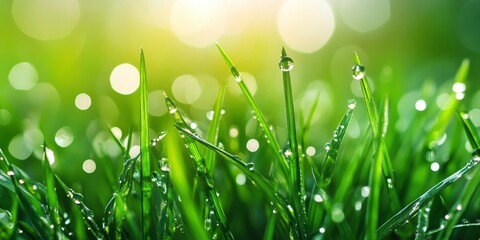 Fototapeta premium Lush green grass adorned with sparkling drops of dew creates a refreshing scene. The green grass glistens in the light, showcasing the beauty of nature s delicate dewdrops on green grass.