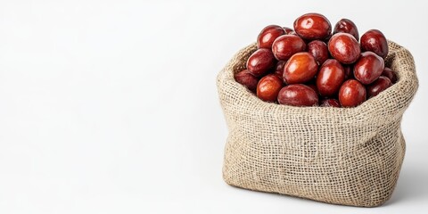 Obraz premium Isolated on a white background, a sack filled with Chinese jujube showcases the unique features of Chinese jujube, making it an appealing subject for your collection of culinary images featuring