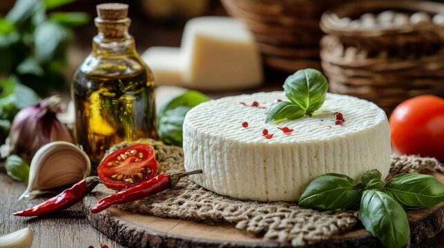 Homemade Adyghe cheese displayed on woven cloth, accompanied by fresh basil, tomato, sesame oil, and chili pepper, beautifully arranged on a rustic wooden table showcasing Adyghe cheese.