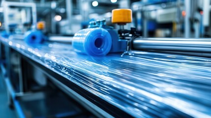Fototapeta premium Plastic film rolls on industrial machinery. Shows automated packaging production line.