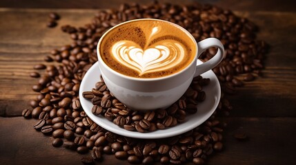 Fototapeta premium Elegant Latte Art Heart Surrounded by Aromatic Coffee Beans on a Cozy Rustic Wooden Table Background Soothing and Romantic Morning Breakfast or Cafe Scene