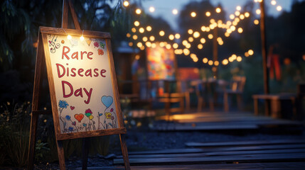 Illuminated rare disease day celebration with festive outdoor decor
