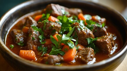 Delicious Hungarian beef goulash featuring tender beef, aromatic parsley, and vibrant carrot, creating a comforting bowl of goulash that highlights rich flavors and hearty ingredients.