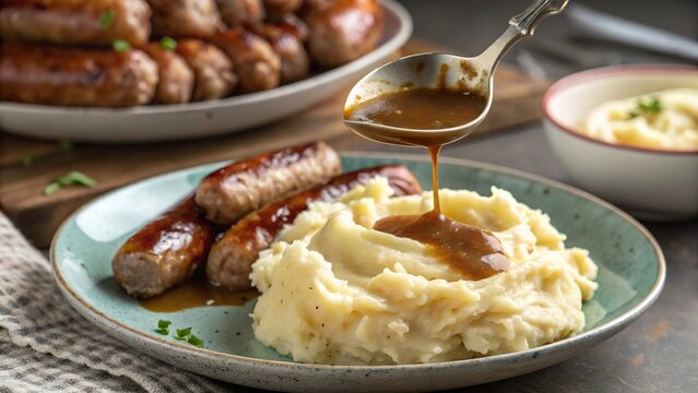 Delicious plate of creamy mashed potatoes topped with rich gravy and savory sausages served at a cozy dinner setting