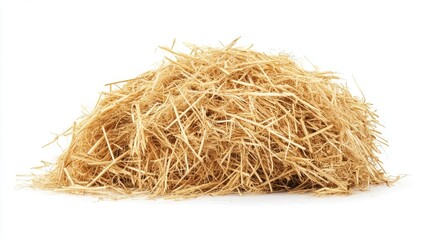 A rustic heap of hay strands, vividly detailed and isolated on a clean white background, emphasizing natural texture and rustic charm