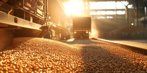 Grain processing plant featuring close up views of grain loading into a truck body, illuminated by sunlight, showcasing the vital role of the plant in efficient grain storage and handling.