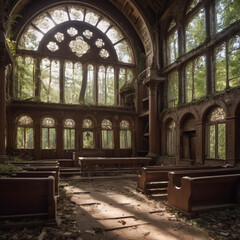 Synagogen - Einsame Synagoge im Wald, umgeben von Pflanzen - obrazy, fototapety, plakaty