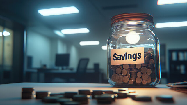 Savings jar filled with coins in office setting