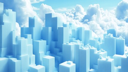 Fototapeta premium A futuristic cityscape of translucent blue structures rising amidst fluffy clouds under a bright, clear sky.