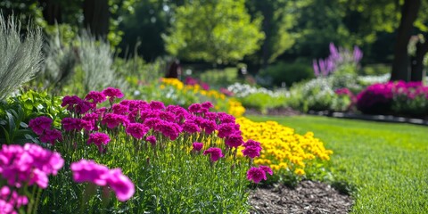Obraz premium A vibrant garden showcasing Telstar Crimson Dianthus Chinensis in full bloom, highlighting the beauty and richness of Telstar Crimson Dianthus Chinensis throughout the lush landscape.