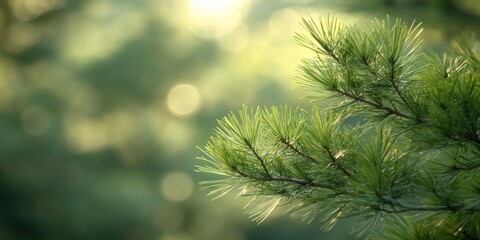 Obraz premium Pine leaf tree with a beautifully blurred background creates a serene atmosphere. The blur enhances the focus on the pine leaf tree, offering a calming visual experience with natural elements.