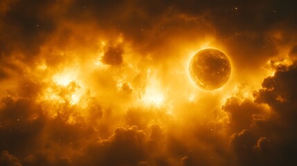 Obraz premium Fiery orange nebula with planet.