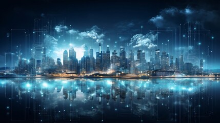 Obraz premium Illuminated City Skyline Powered by Renewable Energy Sustainable Urban Landscape Modern Cityscape with Skyscrapers Lights and Eco Friendly Infrastructure