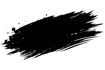 Abstract black ink brushstroke design with textured splashes on white background.
