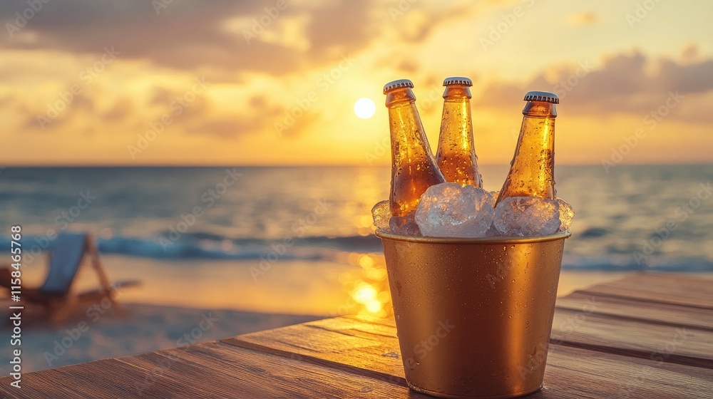 Poster a set of frosty beer bottles in a golden ice bucket, positioned on a wooden table with a sunset beac