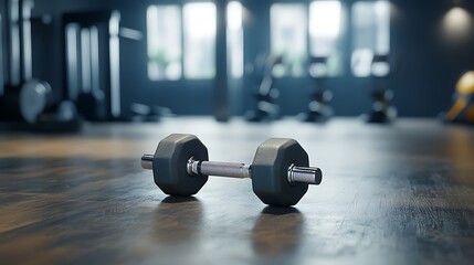 3D rendering of dumbbells on the floor with gym equipment visible in the background of a fitness room