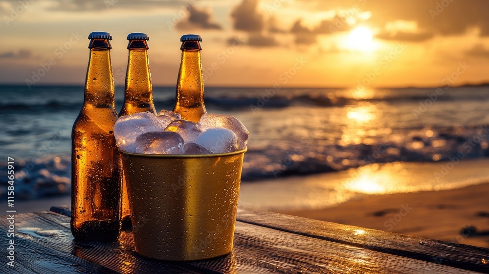 Poster a set of frosty beer bottles in a golden ice bucket, positioned on a wooden table with a sunset beac