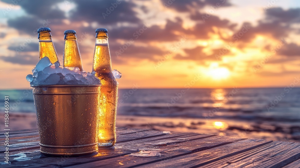 Poster a set of frosty beer bottles in a golden ice bucket, positioned on a wooden table with a sunset beac