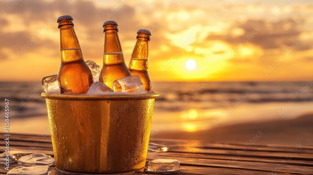 Poster a set of frosty beer bottles in a golden ice bucket, positioned on a wooden table with a sunset beac