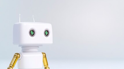 Fototapeta premium A cute robot character with green eyes and metallic arms, set against a minimalist background, suggesting technology and creativity.