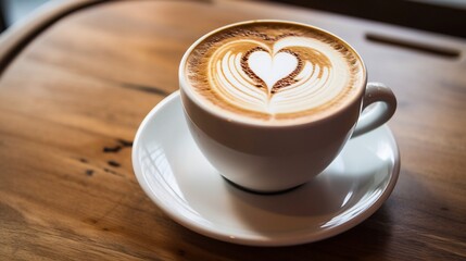 Exquisite latte art heart with a delicate chocolate drizzle accent set against the backdrop of a cozy and inviting home environment creating a harmonious and comforting atmosphere