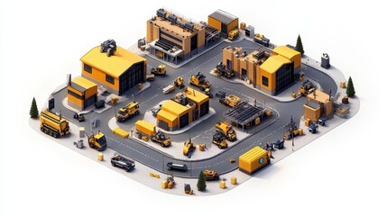 A detailed miniature construction site scene featuring buildings, vehicles, and machinery, all predominantly in yellow, set against a winding road.