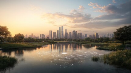 Naklejka premium A serene cityscape at sunset, featuring a tranquil lake reflecting skyscrapers and lush greenery.