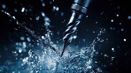 A drill bit splashes into water, showcasing motion and fluid dynamics.