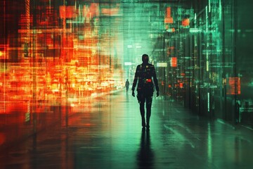 A figure walks through a corridor filled with vibrant data streams and visual representations of cyber risks in a high-tech digital landscape