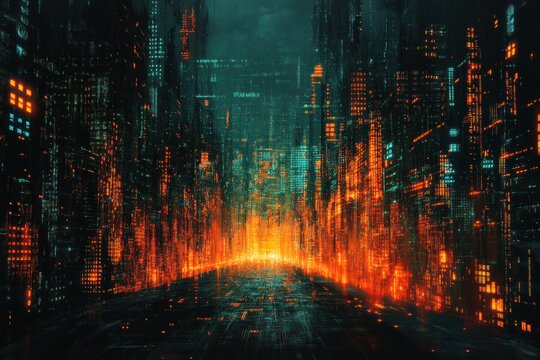 A vibrant and ominous digital cityscape features glowing data streams and dark shadows, illustrating a potential cyber threat scenario