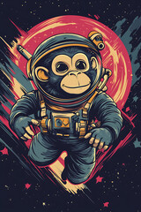A cartoon monkey in a space suit floats in a colorful cosmic background.