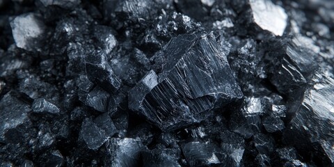 Closeup macro image of black lead zinc ore showcasing its unique irregular texture, reflecting the cold beauty of natural resources and the innovative approach of generative algorithm spatial design.