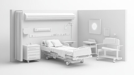 Fototapeta premium A minimalist hospital room featuring a bed, medical equipment, and furniture, all in white tones, creating a clean and sterile environment.
