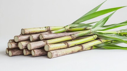 Fototapeta premium A side view of a pile of freshly cut sugarcane plants with visible cut ends, placed against a clean, bright background, showcasing their natural beauty