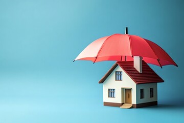 Red umbrella sheltering a small house model against a vibrant blue background, symbolizing property insurance, safety, and protection for homeowners and their investments