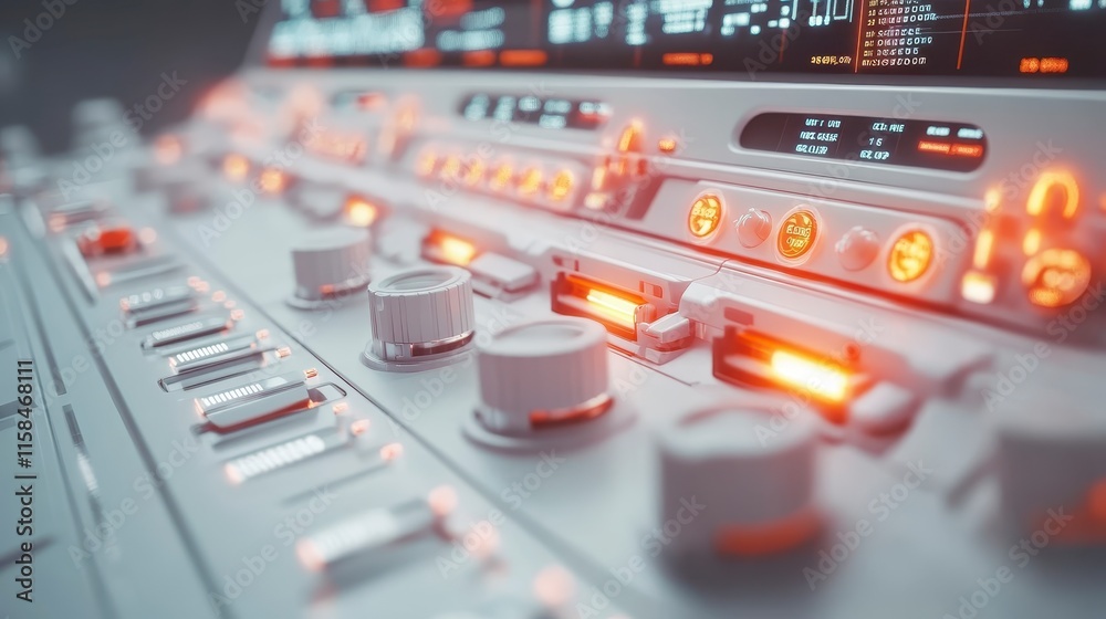 Poster a close-up view of a futuristic control panel with illuminated buttons and knobs, showcasing a sleek