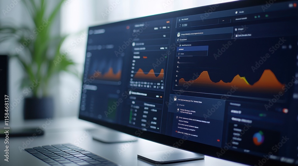 Poster a sleek desktop setup showcasing dual monitors displaying vibrant data visualizations and analytics,