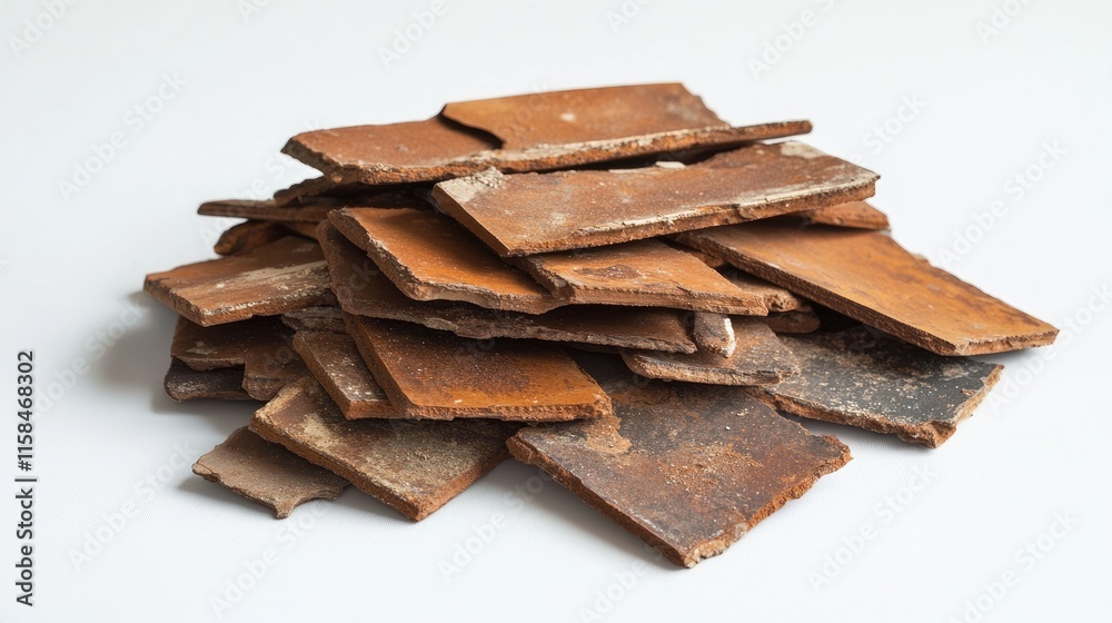 Aufkleber a single pile of broken ceramic roof tiles with uneven edges and visible imperfections, captured on 