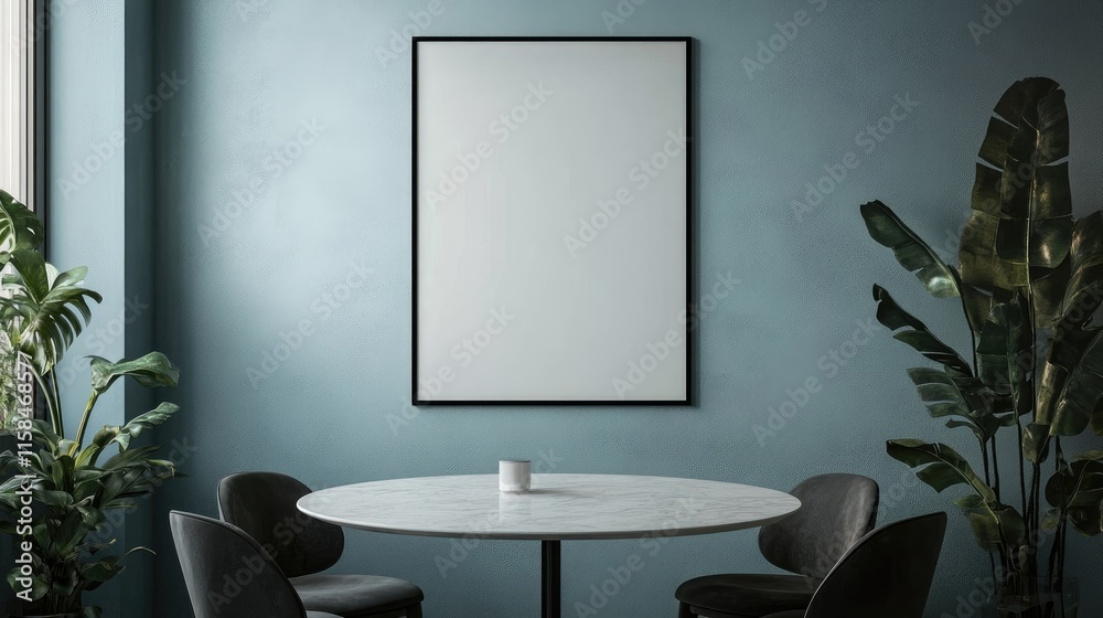 Poster a sleek black rectangular frame mockup on a light blue dining room wall, with a round table and chai