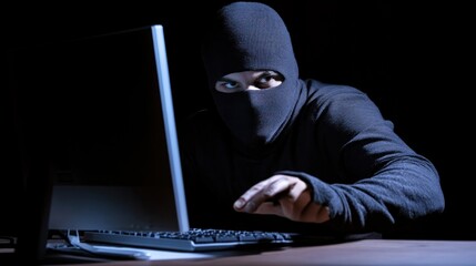A man dressed in black is intently approaching a computer, immersed in the glow of the screen in a dimly lit space, creating a tense atmosphere of cyber attack, hacking
