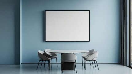 Fototapeta premium A sleek black rectangular frame mockup on a light blue dining room wall, with a round table and chairs beneath, creating a stylish and neutral backdrop