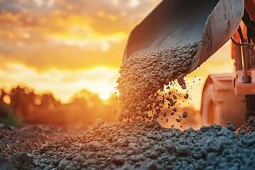 Concrete mixer truck pouring fresh cement at a bustling construction site during sunset, casting dramatic shadows and highlighting the industrial landscape in warm evening light