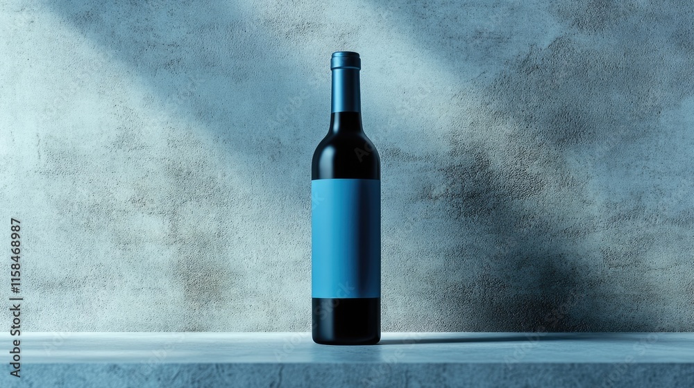 Poster a sleek blue beer bottle with a blank label, placed on a grey surface, highlighting its elegance and