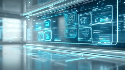 Obraz premium A futuristic digital interface with glowing panels and data displays, showcasing advanced technology in a sleek, high-tech environment.