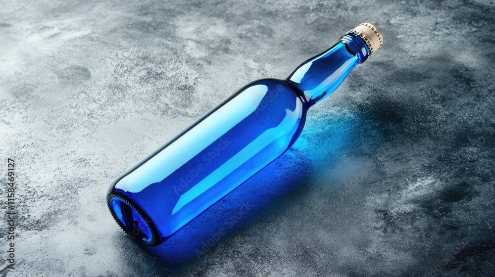 Poster a sleek blue beer bottle with a reflective surface and an empty label, resting on a smooth grey surf