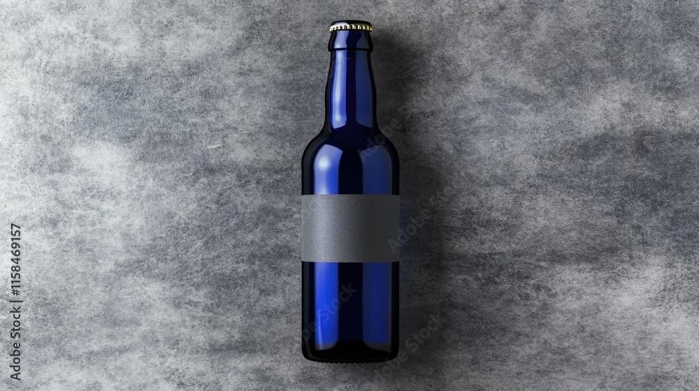 Poster a sleek blue beer bottle with a reflective surface and an empty label, resting on a smooth grey surf