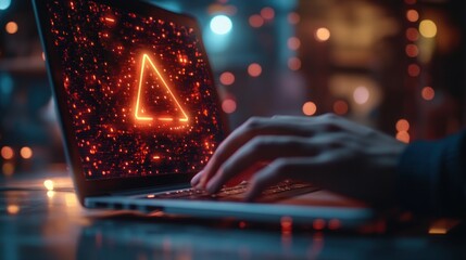 A man types on a laptop, focused on a glowing digital warning displayed on the screen. Cybersecurity concept, cyber attack.