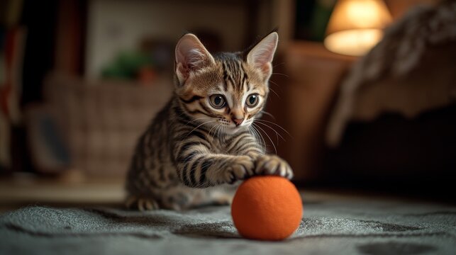 A playful Bengal kitten engages with a ball inside a cozy room, showcasing the curious nature of a Bengal kitten during its playful antics with the ball.