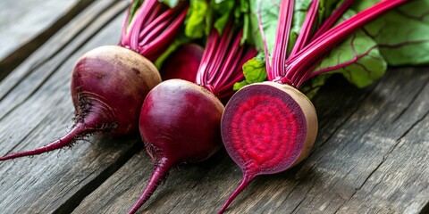 Fresh, ripe red beetroot displayed beautifully on a wooden background, highlighting the vibrant color and freshness of red beetroot, perfect for culinary or health related themes.